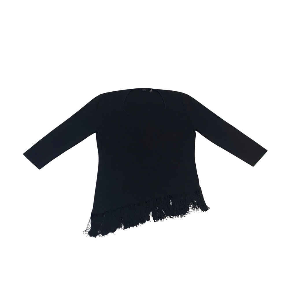 Cyrus Black Ribbed Knit Asymmetrical Fringe Hem Top XL Womens Long Sleeve